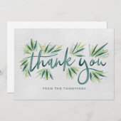 緑の水彩タイポグラフィ（葉付き） サンキューカード (正面/裏面)