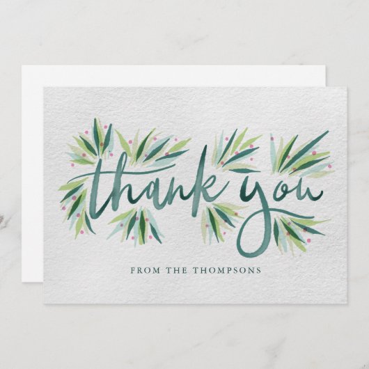 緑の水彩タイポグラフィ(葉付き) サンキューカード (正面/裏面)