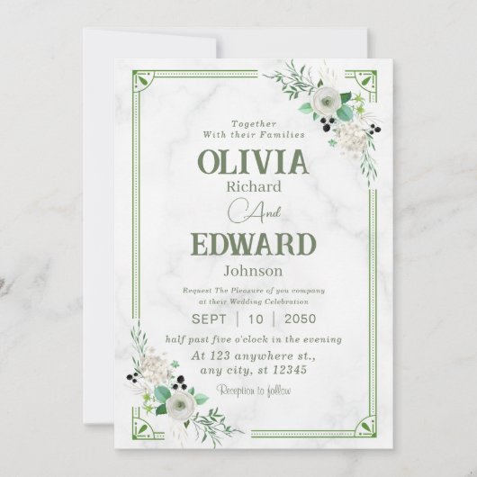 緑の水彩フローラ、大理石の背結婚景 招待状 (正面)
