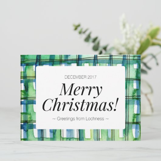緑の水彩プレイドメリークリスマスカード シーズンカード (スタンド正面)