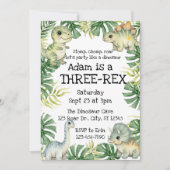 緑の水彩可愛い三レックス恐竜の誕生日 招待状 (正面)