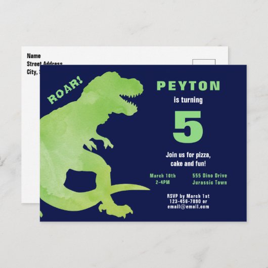 緑の水彩画のTレックスの恐竜の誕生会 インビテーションポストカード (正面/裏面)