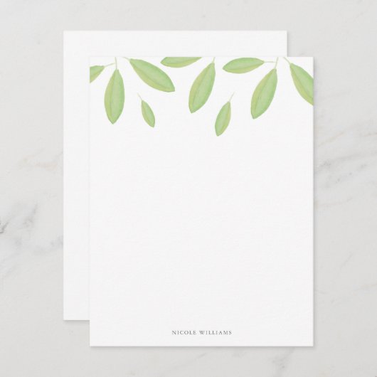 緑の水彩画はパーソナライズな文房具を去ります ノートカード (正面/裏面)