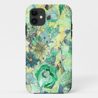 緑の水彩画は開花のiPhoneの箱をスケッチしました iPhone 11 ケース