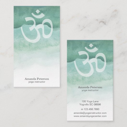緑の水彩画グラデーションなOmのヨガのインストラクター 名刺 (正面/裏面)