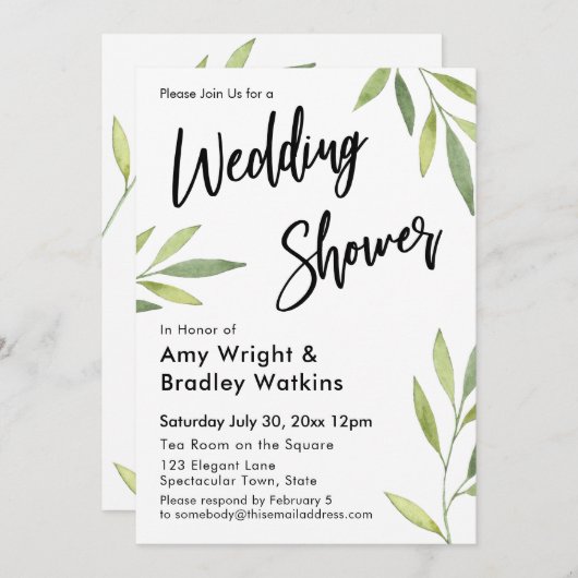 緑の水彩葉ウェディングシャワー 招待状 (正面/裏面)