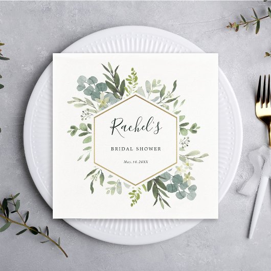 緑の水彩金ゴールド六角ブライダルシャワー スタンダードカクテルナプキン