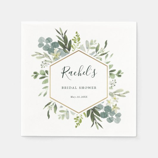 緑の水彩金ゴールド六角ブライダルシャワー スタンダードカクテルナプキン (正面)