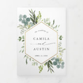 緑の水彩金ゴールド結婚六角の写真 三つ折り招待状 (カバー)