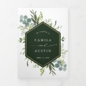 緑の水彩金ゴールド結婚六角の写真 三つ折り招待状 (カバー)