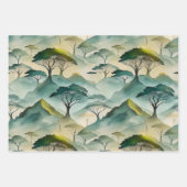 緑の水彩風景樹木と丘 ラッピングペーパーシート (正面2)