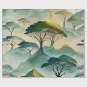 緑の水彩風景樹木と丘 ラッピングペーパー (フラット)