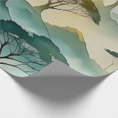 緑の水彩風景樹木と丘 ラッピングペーパー (角)