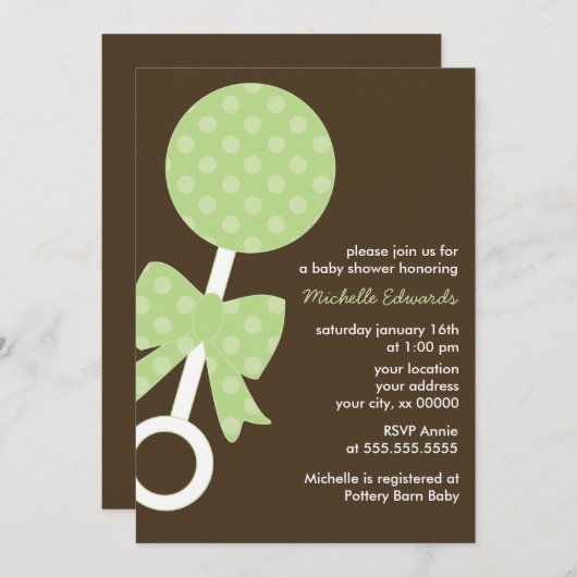 緑の水玉模様が赤ちゃんのシャワーを鳴らす 招待状 (正面/裏面)