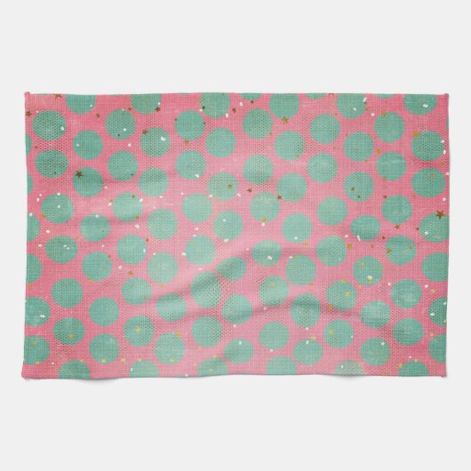 緑の水玉模様と金ゴールドが赤いキッチンに並ぶ キッチンタオル (横)