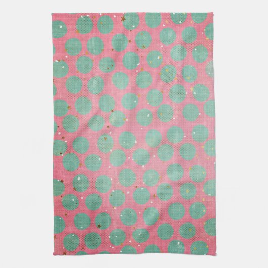 緑の水玉模様と金ゴールドが赤いキッチンに並ぶ キッチンタオル (縦)