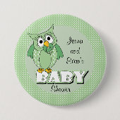 緑の水玉模様のフクロウのベビーシャワーのテーマ 缶バッジ (正面)