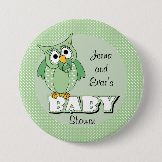 緑の水玉模様のフクロウのベビーシャワーのテーマ 缶バッジ (正面)