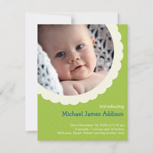 緑の水玉模様ロゼット写真かわいいベビー誕生 案内状 (正面)