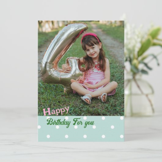 緑の水玉模様写真誕生日カード 案内状 (スタンド正面)