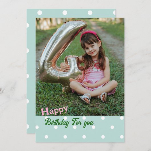 緑の水玉模様写真誕生日カード 案内状 (正面/裏面)