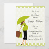 緑の水玉模様及びモダンな妊娠したお母さん-男の子か女の子 招待状 (正面/裏面)