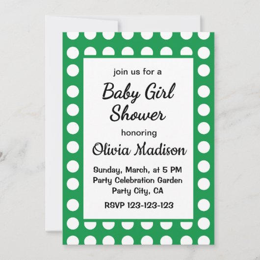 緑の水玉模様母親かわいい赤ちゃん女の子シャワー 招待状 (正面)