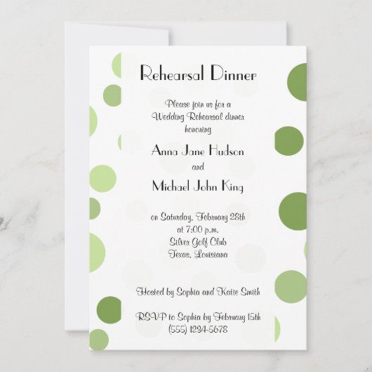 緑の水玉模様点々のある、ドット、リハーサルダイナー 招待状 (正面)