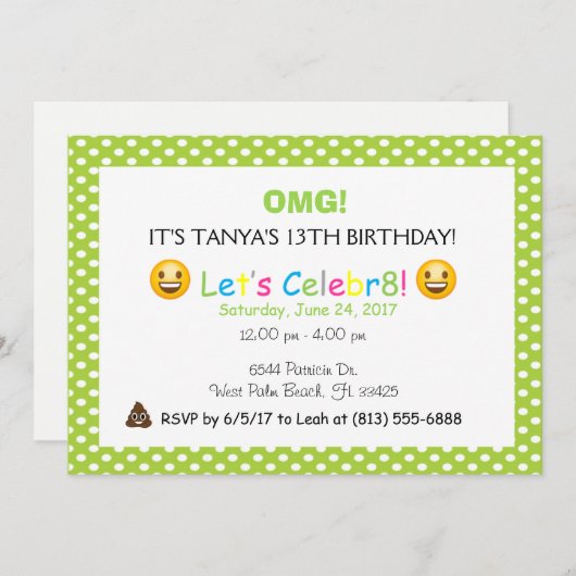 緑の水玉模様絵文字の誕生日招待状 招待状 (正面/裏面)