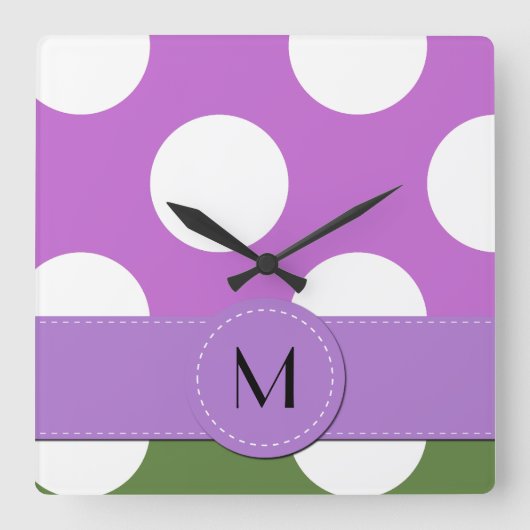 緑の水玉模様、紫の水玉模様、モノグラム スクエア壁時計 (正面)