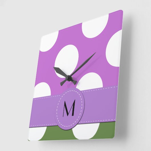 緑の水玉模様、紫の水玉模様、モノグラム スクエア壁時計 (傾斜)