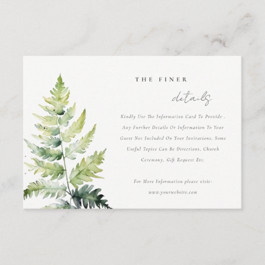 緑の水色のシダの葉結婚の詳細 エンクロージャーカード (正面)