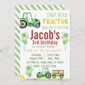 緑の水色のトラクターの誕生日の招待 招待状 (正面/裏面)