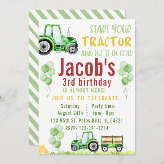 緑の水色のトラクターの誕生日の招待 招待状 (正面/裏面)
