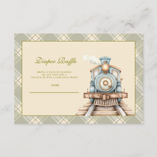 緑の水色の列車シャワーおむつラッフル エンクロージャーカード (正面)
