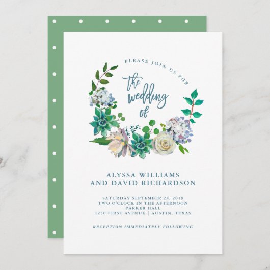 緑の水色の多肉植物と花 | 結婚s 招待状 (正面/裏面)