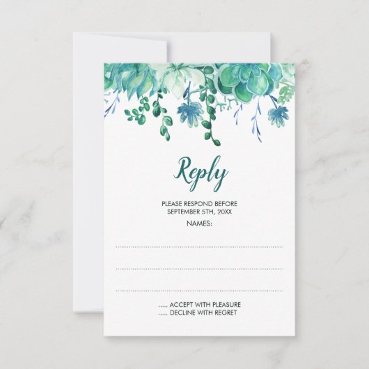 緑の水色の多肉汁結婚の返信カード 出欠カード (正面)