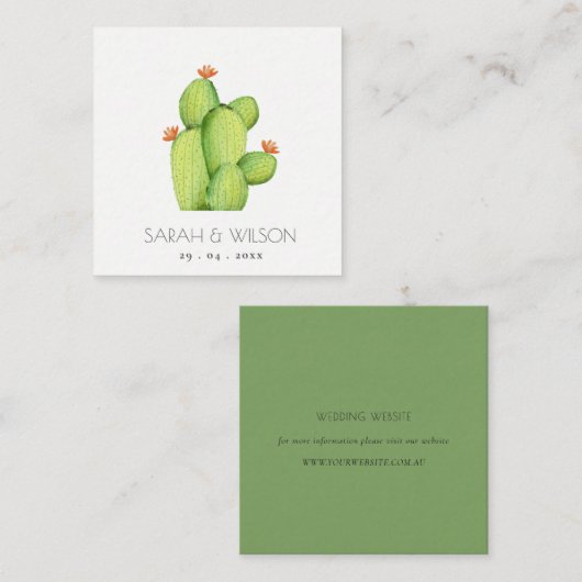 緑の水色の砂漠サボテンの花結婚の スクエア名刺 (正面/裏面)