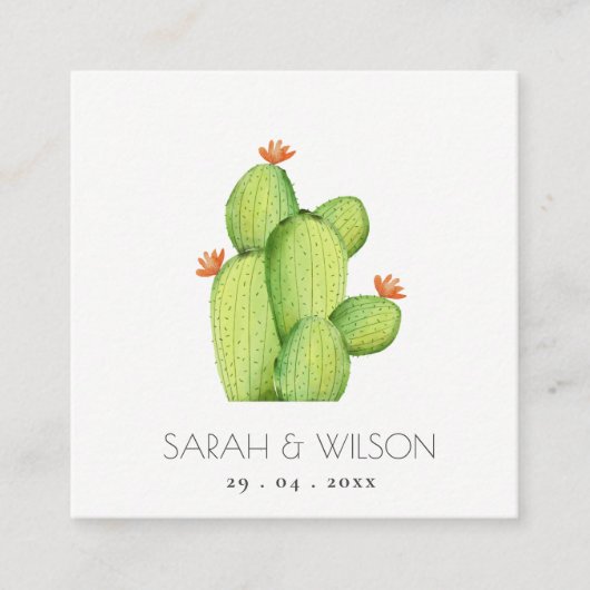 緑の水色の砂漠サボテンの花結婚の スクエア名刺 (正面)
