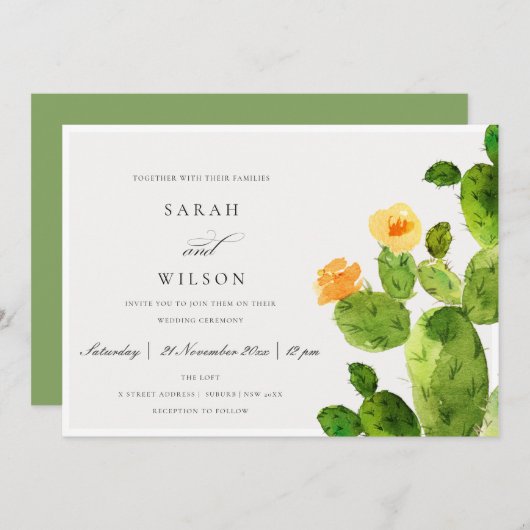 緑の水色の砂漠サボテンの花結婚の 招待状 (正面/裏面)