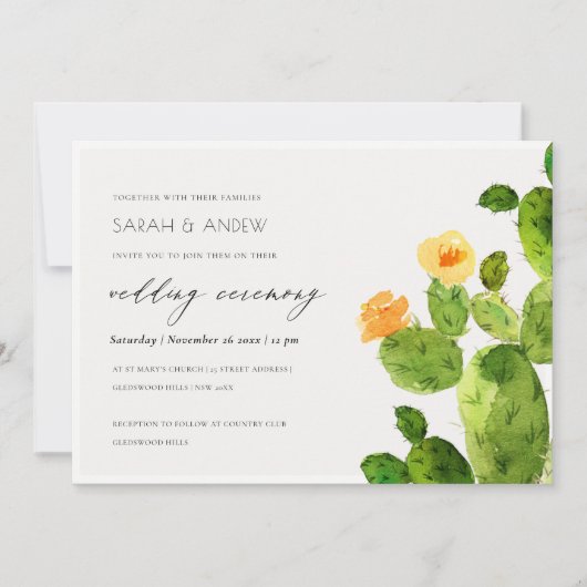 緑の水色の砂漠サボテンの花結婚の 招待状 (正面)