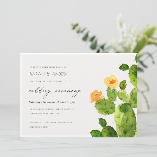 緑の水色の砂漠サボテンの花結婚の 招待状 (スタンド正面)