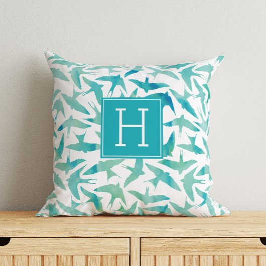 緑の水色の鳥モノグラムの クッション