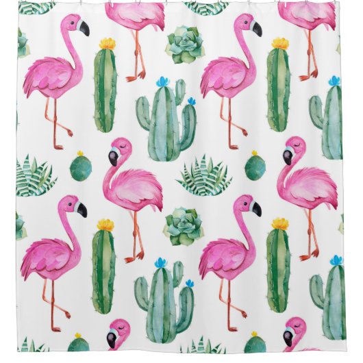 緑の水色サボテンなどのシームレスなパターン シャワーカーテン (正面)