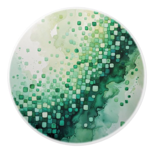 緑の水色チェッカーボード正方形の濃淡 セラミックノブ (正面)