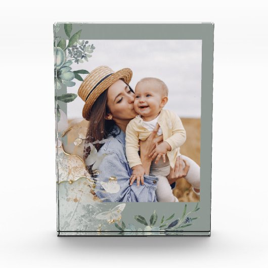 緑の水色バタフライママ写真 フォトブロック (正面)