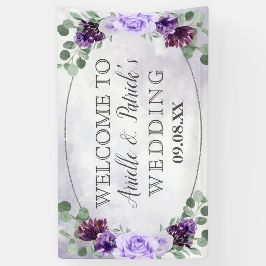 緑の水色フローラ紫エレガントな結婚式 横断幕 (縦)