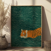 緑の波を泳ぐトラの禅アート ウォールアート