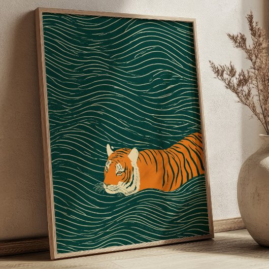 緑の波を泳ぐトラの禅アート ウォールアート