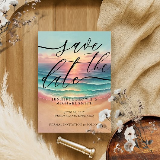 緑の海辺の水彩画署名サニー セーブザデート